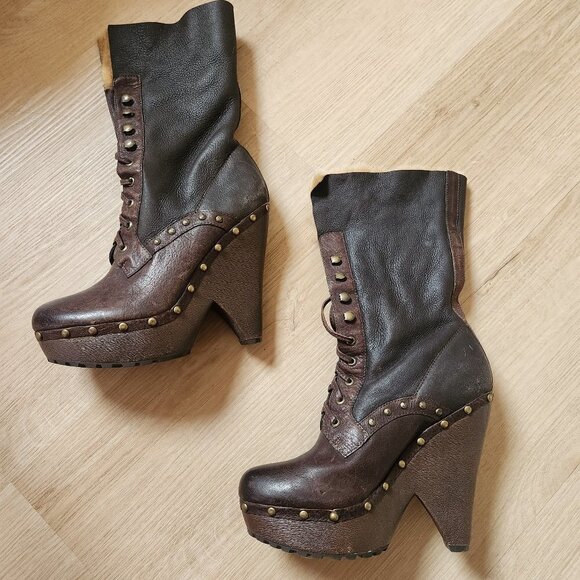 Sam Edelman Winsford Lace Up Chunky Studded Clog Shealing Leather Heeled Boots - Picture 5 of 12